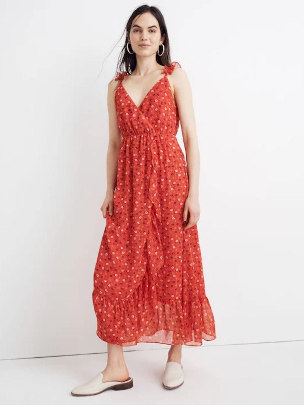 Madewell Ruffle-Strap Wrap Dress in Metallic-Striped Prairie Posies